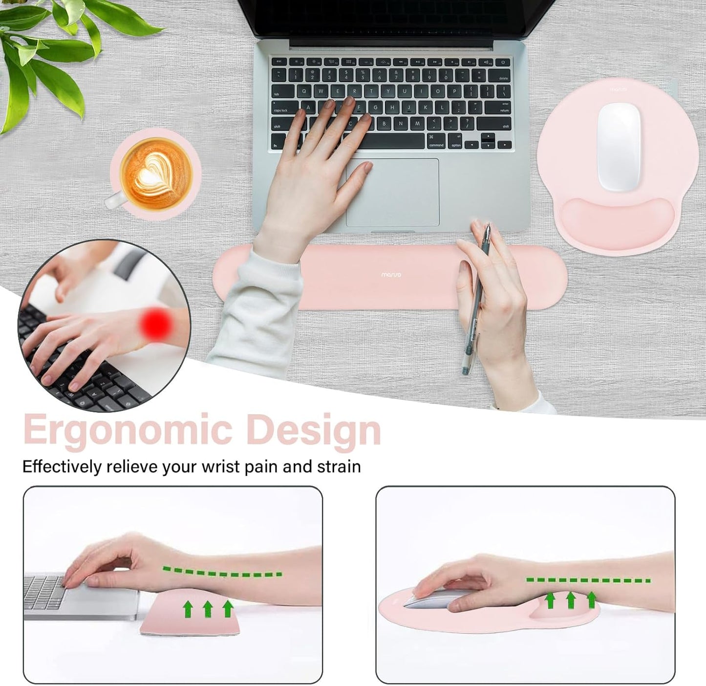MOSISO Wrist Rest Support for Mouse Pad&Keyboard Set, Circle Curved Ergonomic Mousepad&Coaster Non-Slip Base Home/Office Pain Relief&Easy Typing Pad with Soft Cloth&Silicone Lining, Antique Green