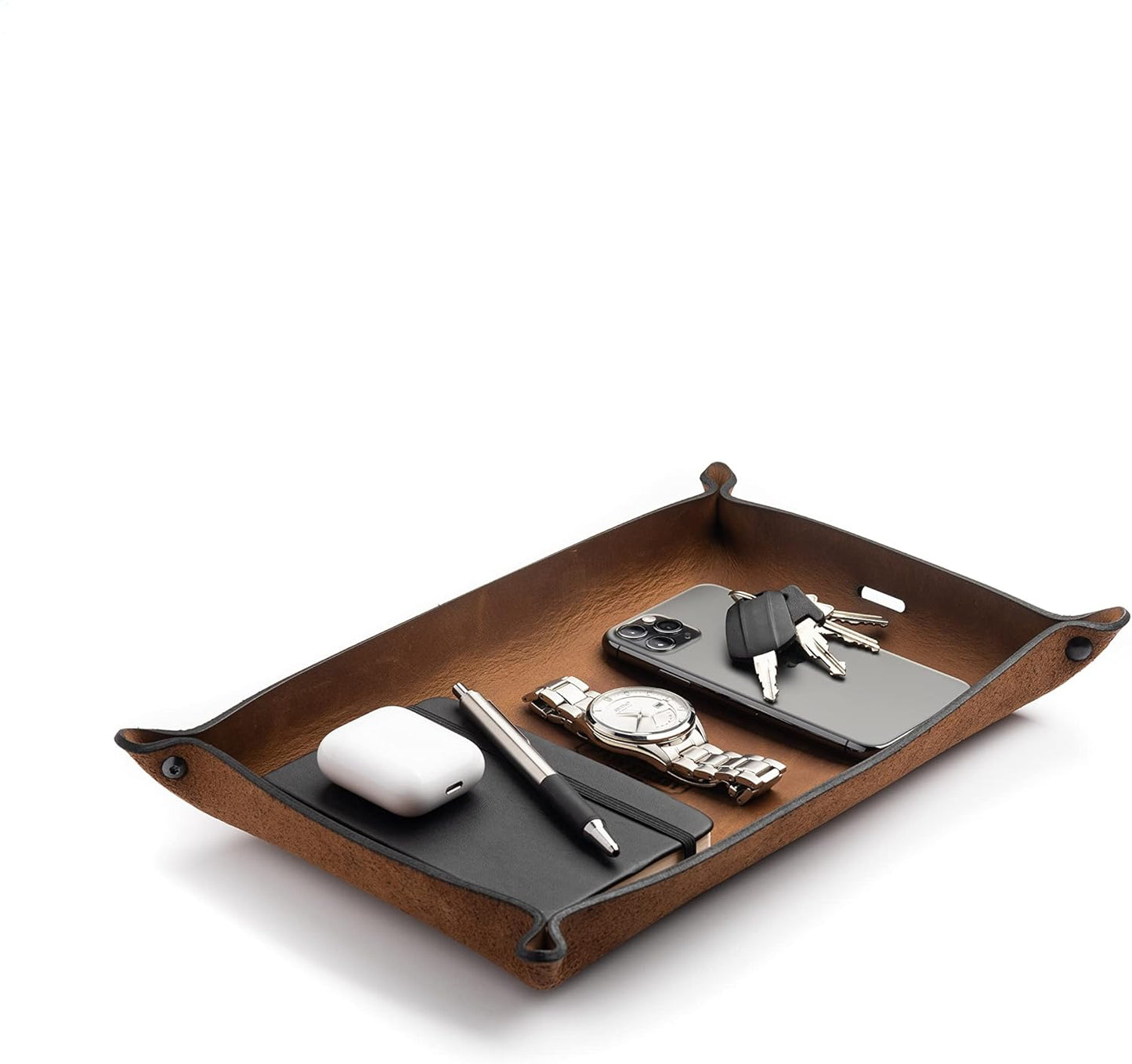 Main Street Forge Leather Valet Tray for Men – Rustic EDC Organizer for Keys, Phone & Wallet – Made in USA – Whiskey Barrel Brown