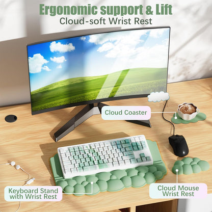 Ergonomic Wrist Rest for Keyboard and Mouse, Soft Memory Foam Cloud Keyboard Stand Pad with Wrist Rest Set, Easy Typing, Pain Relief, Comfort for Office, Work, Gaming - White