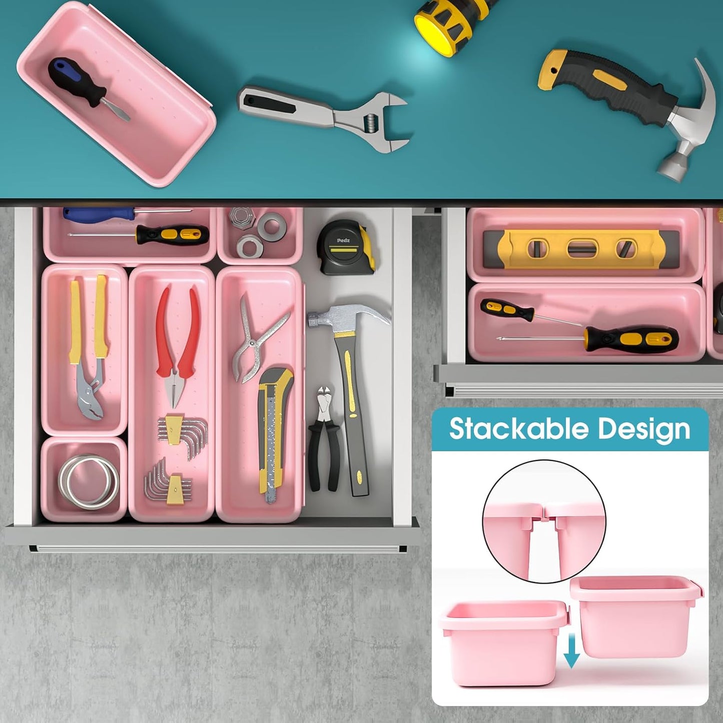 StoreHappily 10 PCS Drawer Organizer Set, 4 Size Makeup Drawer Divider Organizer With Non-Slip Pads, Interlocking Plastic Storage Bins for Office,Jewelry Vanity,Gadgets, Bathroom,Kitchen, Black