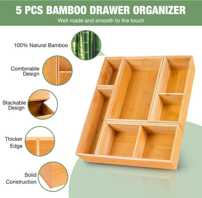 Bamboo Drawer Organizer,5 PCS White Bathroom Tray&Desk Organizers and Storage,Cabinet Divider With Removable Silverware Organization for Kitchen,Utensils,Junk,Office,Makeup