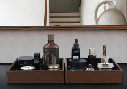 HofferRuffer Faux Leather Vanity Tray, Elegant Desktop Storage Organizer, Decorative Catchall for Perfume, Bathroom Valet, Nightstand or Dresser, Black, 10.2 x 8.4 x 1.8 Inches