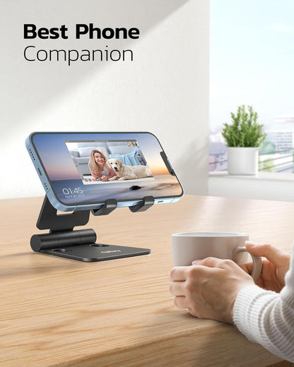 Nulaxy 2 Pack Fully Aluminum Dual Folding Cell Phone Stand, Adjustable Foldable Desktop Phone Holder for Desk Compatible with iPhone 17 16 15 14 13 12 11 Pro Max Xs Xr X 8, All Phones, Black & Silver