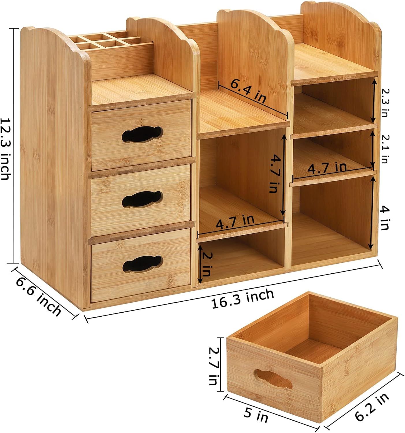 Coloch Bamboo Makeup Organizer with Drawers, Large Cosmetics Storage Shelf for Vanity Countertop Skincare Organizer for Desktop, Skincare, Beauty Supplies, Cosmetics Display, Stationery Storage