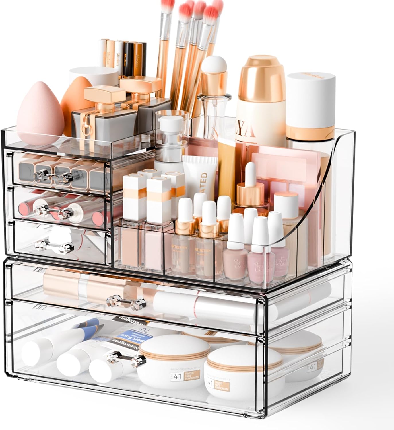 Yieach 3 Pack Clear Makeup Organizer Countertop for Dresser,Vanity and Bathroom Counter Organizer,Tiered Stackable Makeup Acrylic Organizers with 9 Drawer for Skincare,Brush and Make up Holders
