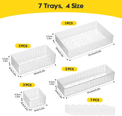 Drawer Organizer Bins, 7 Pcs Clear Stackable Makeup & Desk Organizer with Interlocking Clips, 4 Sizes Vanity Drawer Trays for Bathroom Cosmetic, Home Office & Kitchen