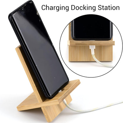 IFAMIO 2 Pack Bamboo Cell Phone Stand Wooden Phone Holder Tablet Desk Stand with Charging Hole Portable Phone Table Stand Desk Organizer Compatible with iPhone Smart Phone iPad Tablet
