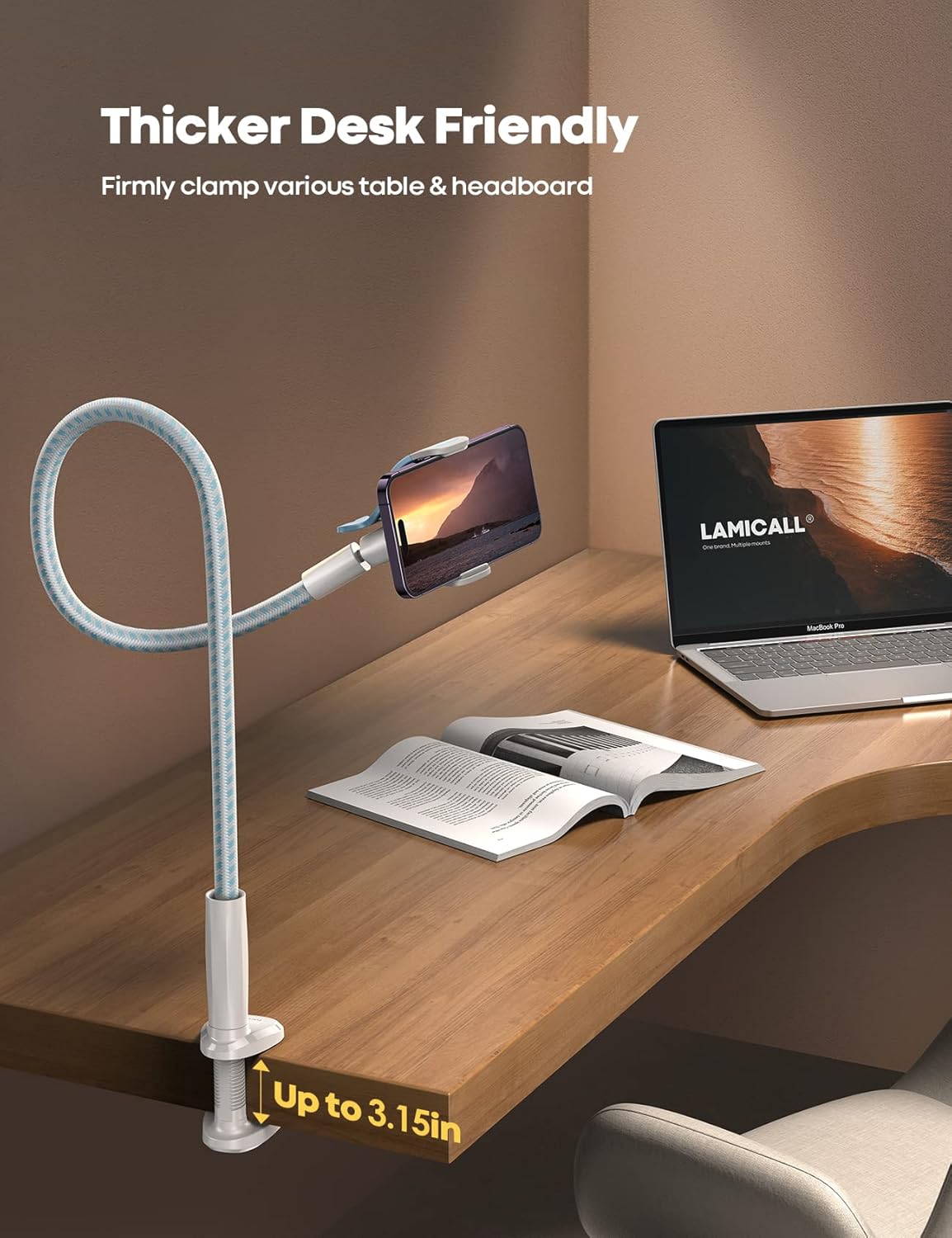 Lamicall Gooseneck Phone Holder Bed - [Nylon Braided] Flexible Arm, 38inch Overall Length, 360 Adjustable Clamp Clip, Overhead Cell Phone Mount Stand for Bed, Desk, 4-7” Cellphone, Gifts
