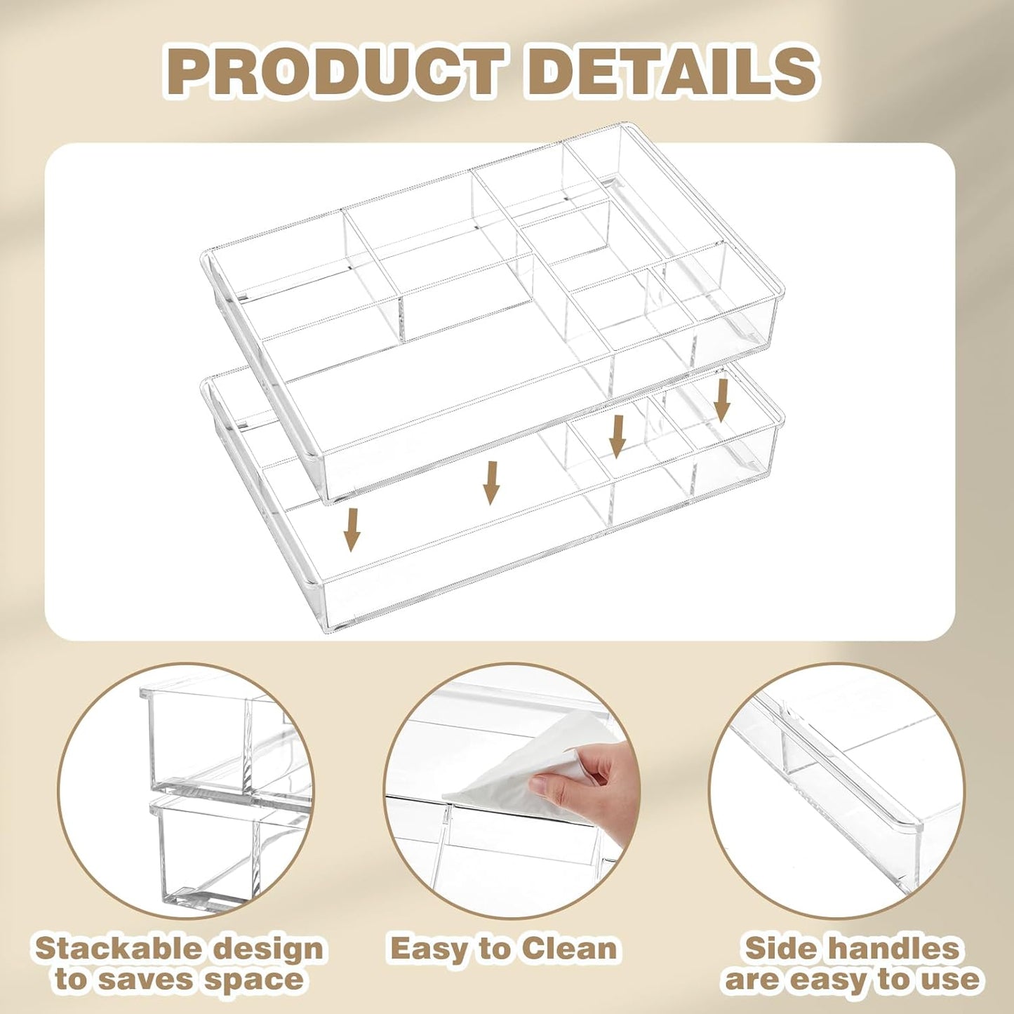 Briwooody 3 Pcs Clear Acrylic Desk Drawer Organizer 13.7 x 8.7 x 2 Inch Drawer Organizer Trays with 8 Compartments Desk Accessories for Office Makeup Silverware Bathroom