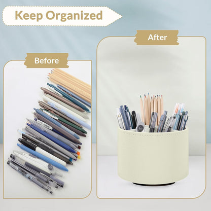 SKYDUE Rotating Pencil Pen Holder, PU Pen Organizer with 4 Slots - Desk Organizer and Accessories for School, Home, Office Supplies