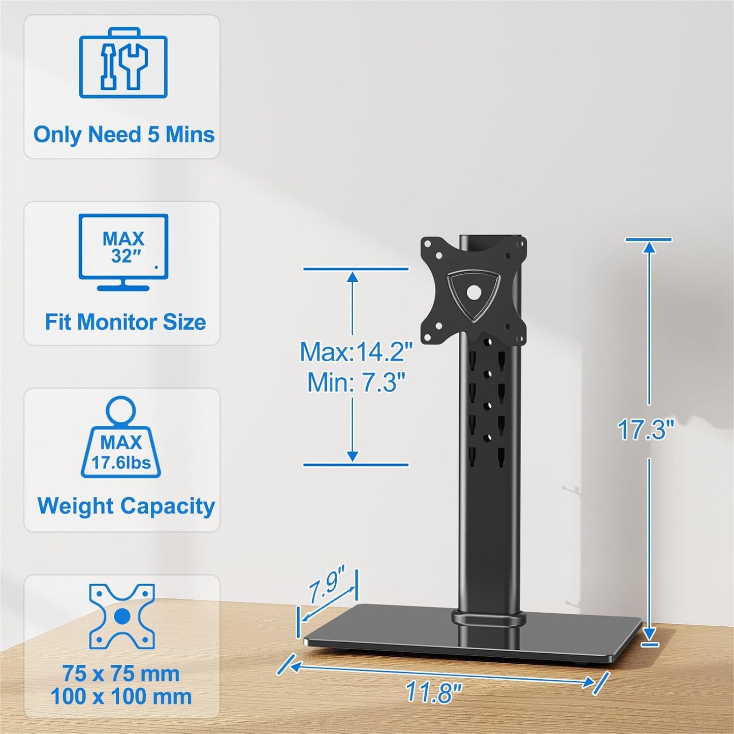 Single Monitor Stand Fits Max 32 inch Computer Screen, Free-Standing Desk Stand Hold up to 17.6lbs, Monitor Mount with Height Adjustment, Swivel, Tilt, Rotation, VESA Mount 75/100mm