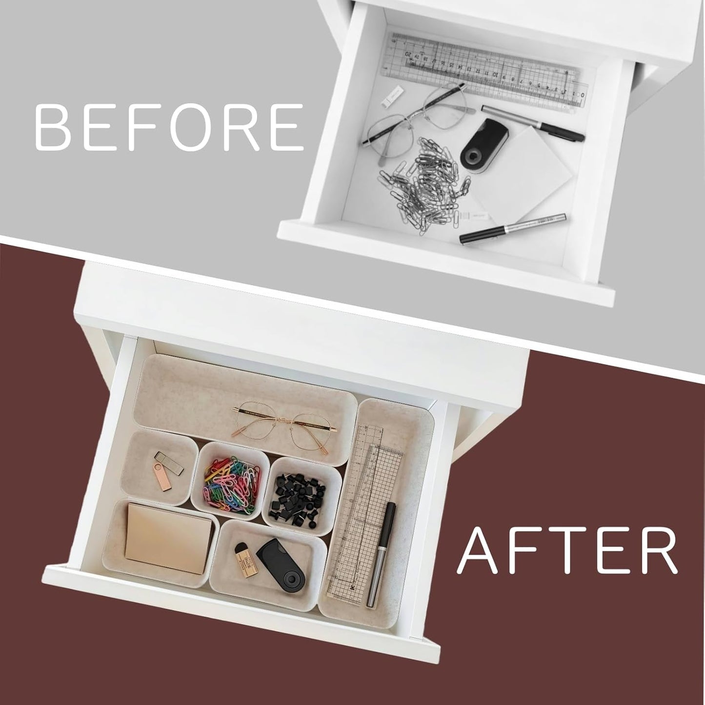 16-Piece Felt Drawer Organizer Set in 4-Sizes, Made from Eco-Friendly Material for Vanity, Makeup, Desk, Office, Kitchen, and Nightstand, Oatmeal