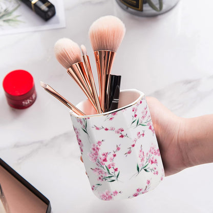 Pencil Holder for Desk Organizer,Ceramic Writing Utensil Storage Organizer Aesthetic Floral Pattern Pen Holder Pen Cup Makeup Brush Holder Creative Gift for Desktop Supplies,School Life Blue
