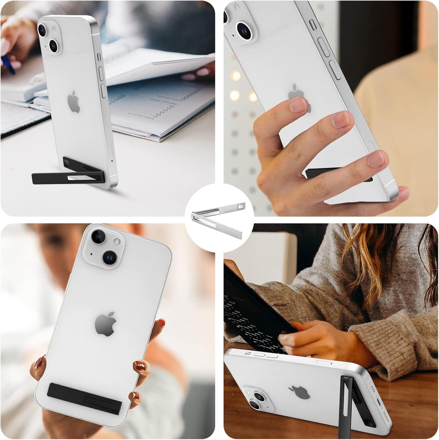 Mini Phone Kickstand, Folding Invisible Portable Metal Cell Phone Stand Holder for Desk, Compatible with iPhone, Samsung and All Cellphones, Black