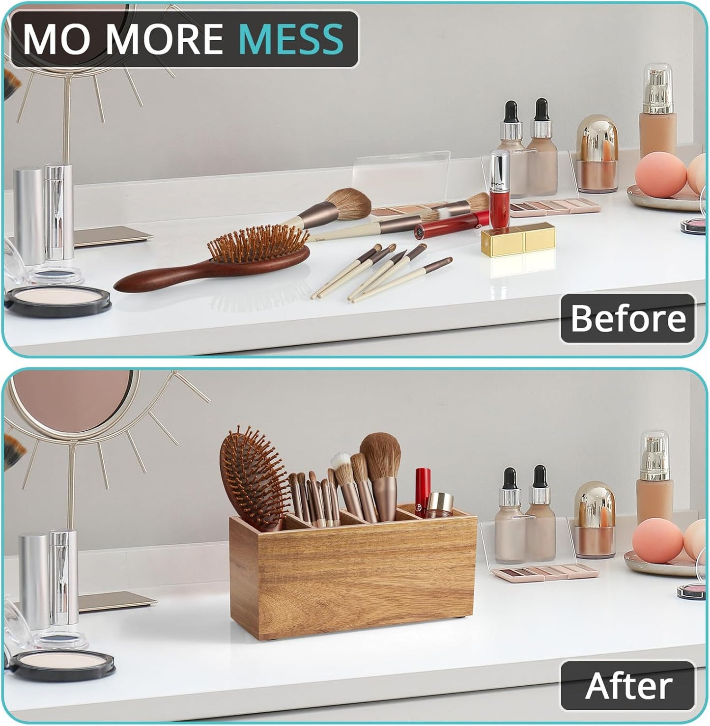 Bivvclaz Pencil Pen Holder for Desk, Acacia Wood Office Desk Organizers and Accessories with 4 Slots for Countertop, Makeup Brush Holder Organizer for Bathroom Vanity, Silverware Caddy for Party