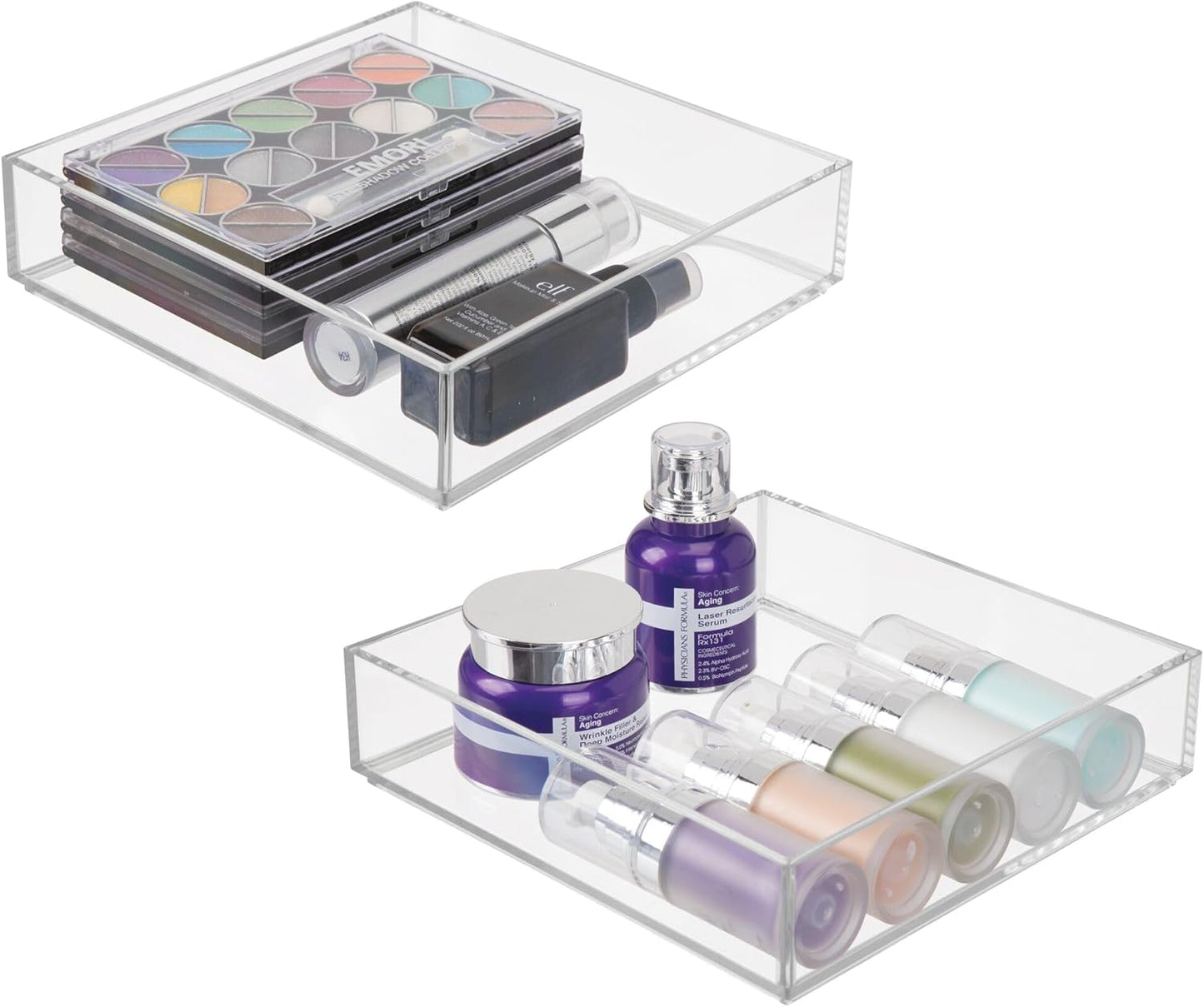 iDesign Plastic Makeup Drawer Organizer Tray - Vanity Organizer or Desk Drawer Organizer - Set of 2 - Clear
