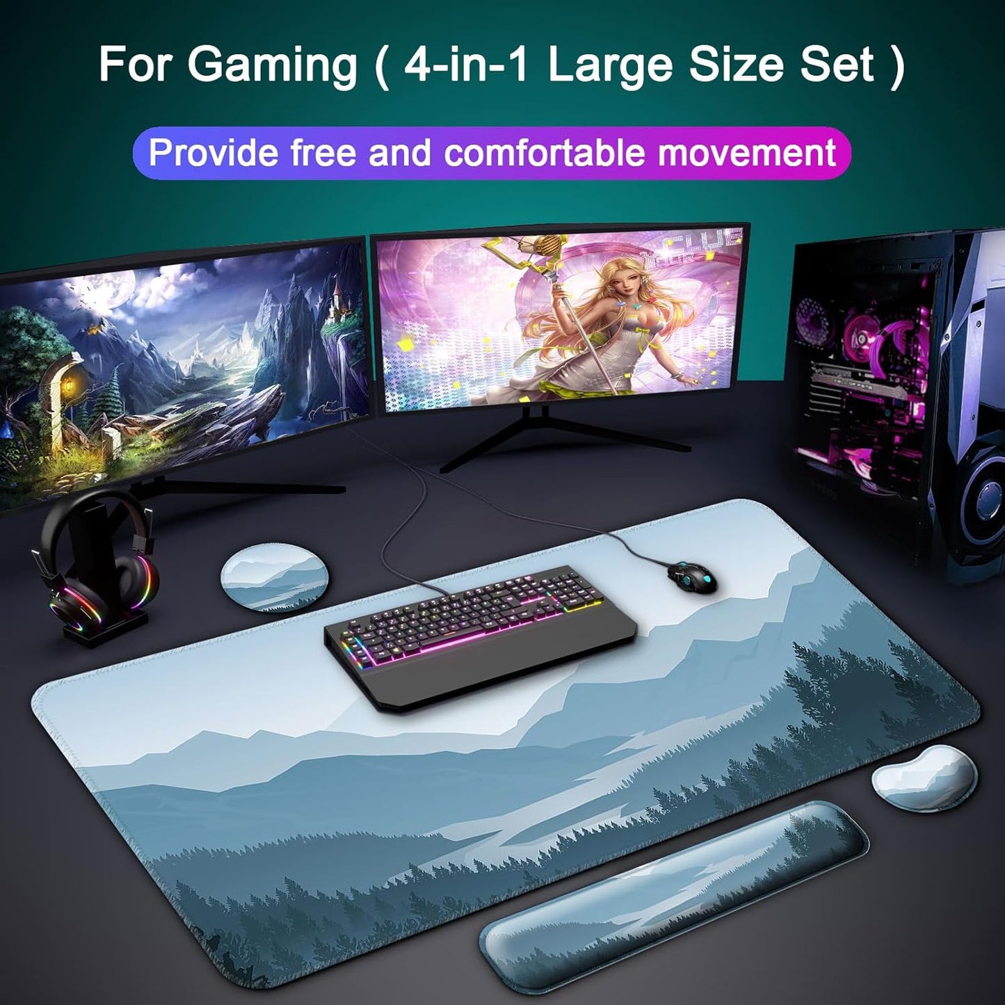 Keyboard Wrist Rest + Mouse Pad with Wrist Support + Desk Mat + Coaster 4 in 1 Set, XXL Large Gaming Mousepad Cute Ergonomic Mouse Pads for Desk Computer Laptop Office Decor-Beach