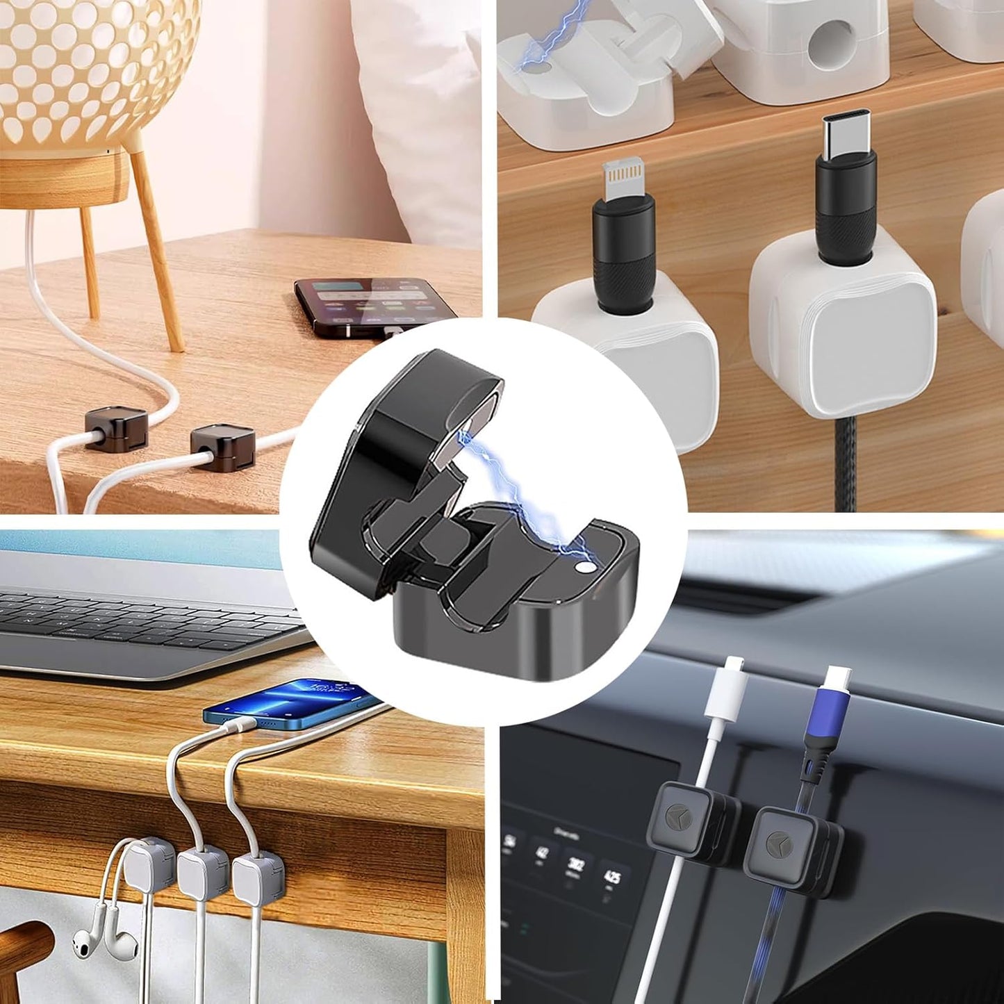 IFNOW 6 Pack Magnetic Cable Clips for Nightstand Black and White Self Adhesive Cord Holder Adjustable Clip for Desk, Nightstand, Phone Charger, Computer, Home, Office, Car