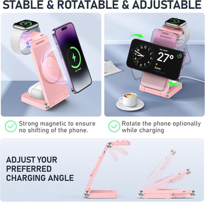 Magnetic Wireless Charger Stand, 3 in 1 Foldable Wireless Charging Station with 20W Adapter, Travel Charger for Multiple Devices for iPhone 17 16 15 14 13 12 Pro/Max/Plus/Mini, iWatch, AirPods