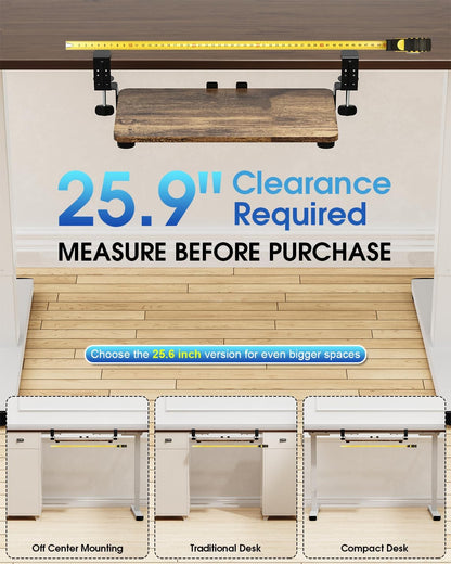 Large Keyboard Tray Under Desk, Pull Out Keyboard & Mouse Tray with Adjustable C-clamp, 25.6(31.5 Including Clamps) x 11.8 Inch Slide Out Computer Keyboard Drawer Mouse Tray for Typing, Brown
