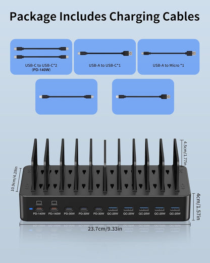 580W Charging Station for Multiple Devices, 10-Port USB C Fast Charger Station, Dual PD 100W Charging Dock with Adjustable Dividers & 6 Cables-Device Organizer for Laptop MacBook, iPhone, iPad