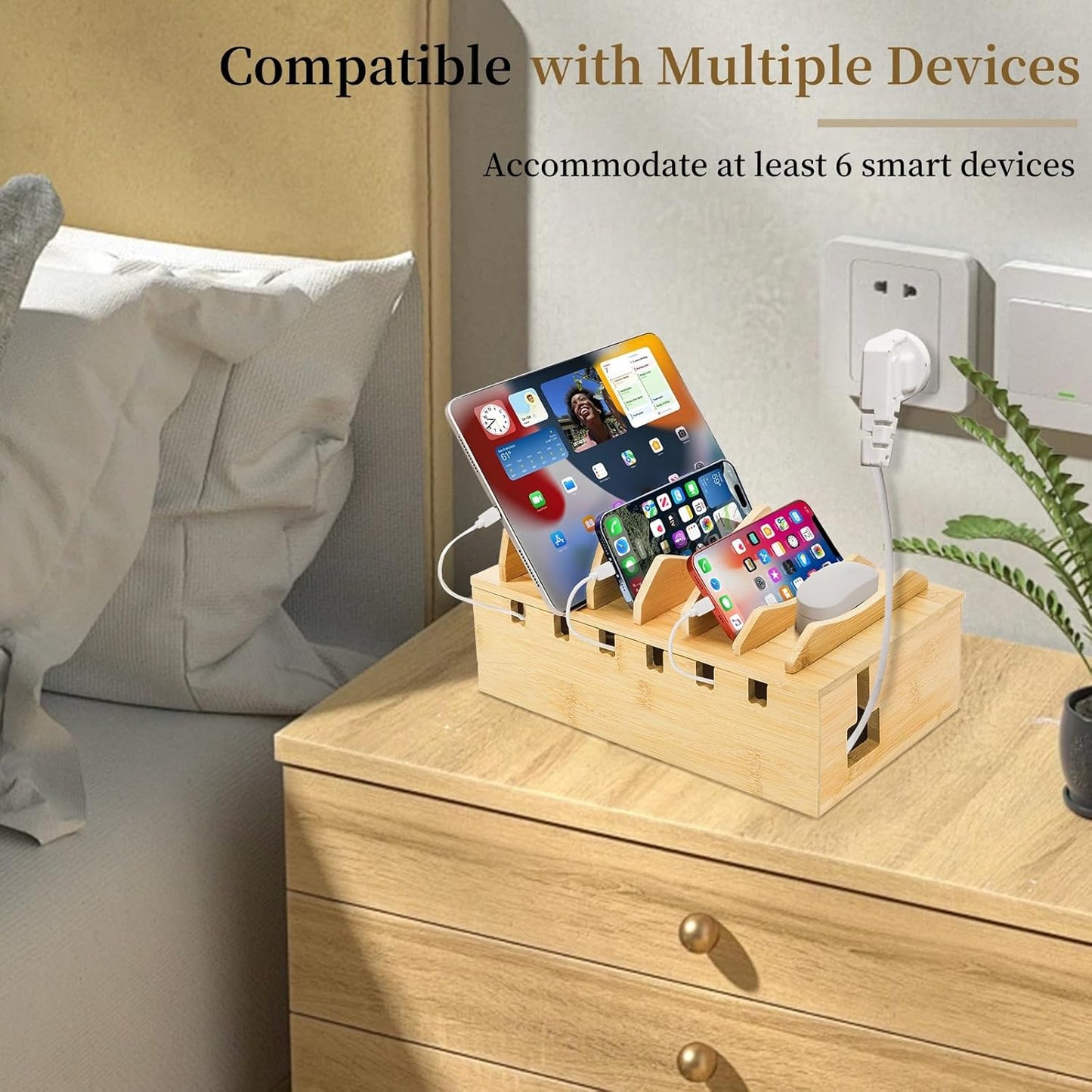 WRINGKIT Bamboo Charging Station for Multiple Devices, Desktop Charging Organizer with Removable Divider Slots, Docking Stations Stand for 6 Devices, Compatible with Tablets, iPads, Cell Phone, Laptop
