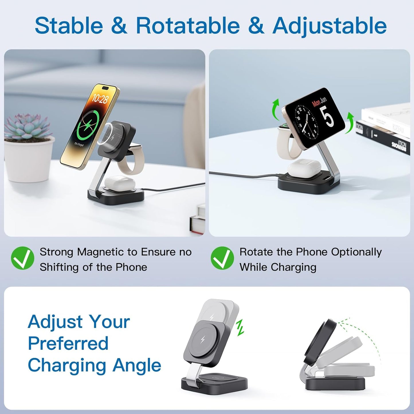 RYND 2026 Traveling Wireless Mag-Safe Fast Charging Station,Magnetic 3 in 1 Charger with iPhone 17 16 15 14 13 12 Pro Max Plus,Apple Watch Series & Air pods 4 3 2 Pro-Gifts for Wife & Husband(White)