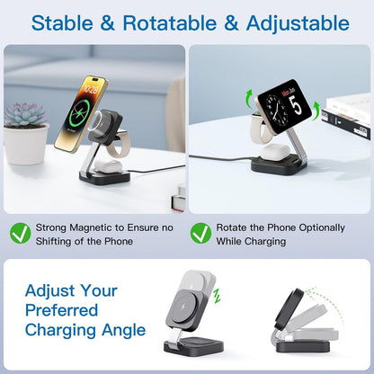 RYND 2026 Traveling Wireless Mag-Safe Fast Charging Station,Magnetic 3 in 1 Charger with iPhone 17 16 15 14 13 12 Pro Max Plus,Apple Watch Series & Air pods 4 3 2 Pro-Gifts for Wife & Husband(White)