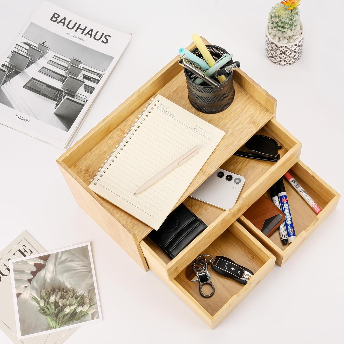 Charmewooden Bamboo Desk Organizer with 3 Drawers, Countertop Organizer with Drawers Makeup Storage Drawer 3 Drawers Tabletop Storage Organization Box Home Office Workspace