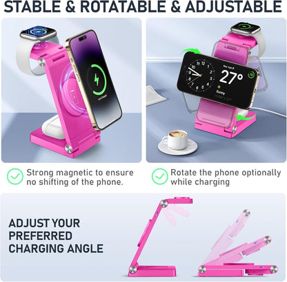 Magnetic Wireless Charger Stand, 3 in 1 Foldable Wireless Charging Station with 20W Adapter, Travel Charger for Multiple Devices for iPhone 17 16 15 14 13 12 Pro/Max/Plus/Mini, iWatch, AirPods
