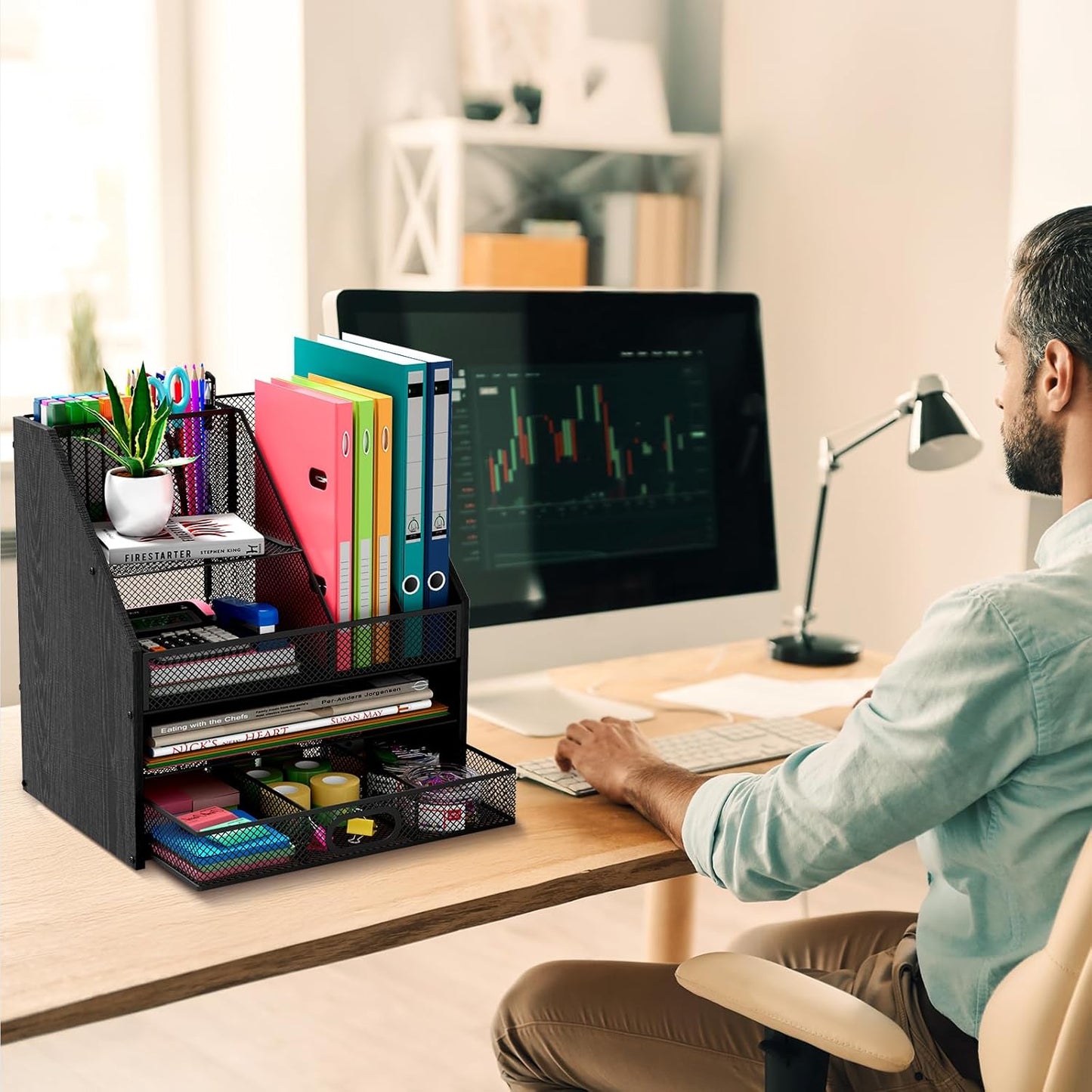 Homsorout Wooden Desk Organizer - Mesh File Organizer with Drawers and Pen Holder - 4-Tier Vertical Paper Letter Storage Tray, Desktop Organizers and Accessories for Home Office