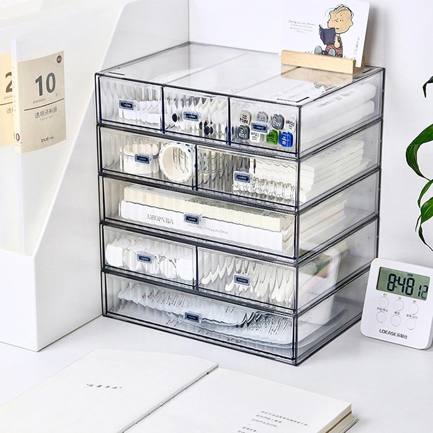 Desk Drawer Organizer, Stackable Plastic Storage Drawer, Grocery Organizer For Stationery/Office Supplies (Blue, 3 Compartment)