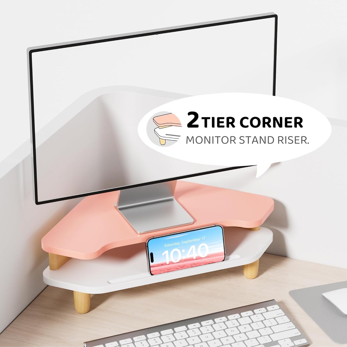 AFOOYO Monitor Stand Riser,2 Tier Corner Wood Sturdy 16.5In Computer Stand, Multi-Purpose Desktop Storage Stand for Laptop,PC,iMac,Printer,Computer,White