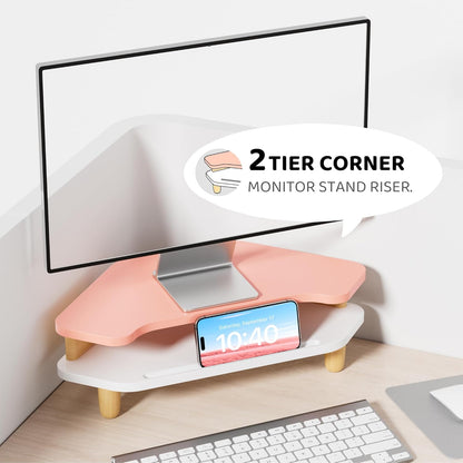 AFOOYO Monitor Stand Riser,2 Tier Corner Wood Sturdy 16.5In Computer Stand, Multi-Purpose Desktop Storage Stand for Laptop,PC,iMac,Printer,Computer,White