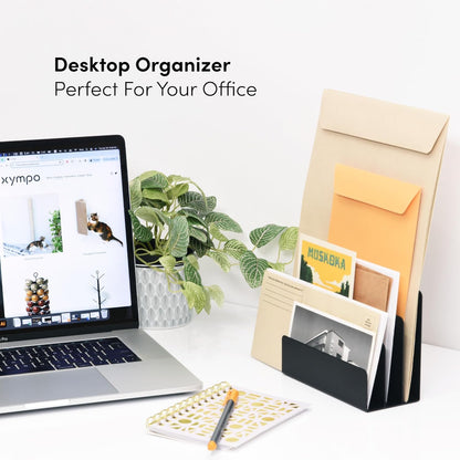 xympo Desktop Mail Organizer – 3-Slot Black Metal Letter Holder and Bill Sorter for Office and Home