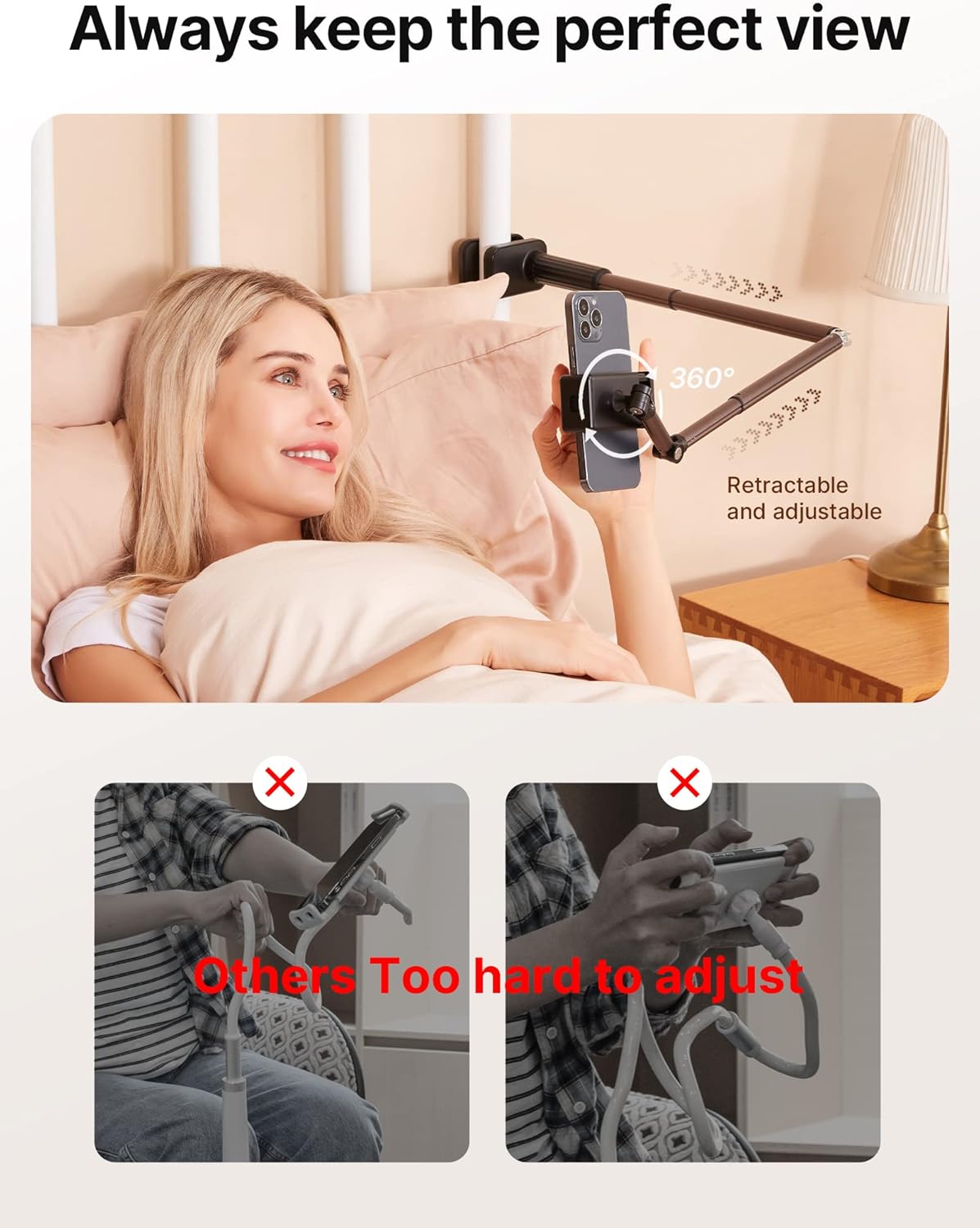 JSAUX Phone Holder for Desk and Bed Compatible with iPhone 17 16 15 14 13 12 Overhead Phone Mount Gooseneck Phone Stand Flexible 360 Lazy Long Arm Clamp Clip for Table Bedside [1-Pack, Black]