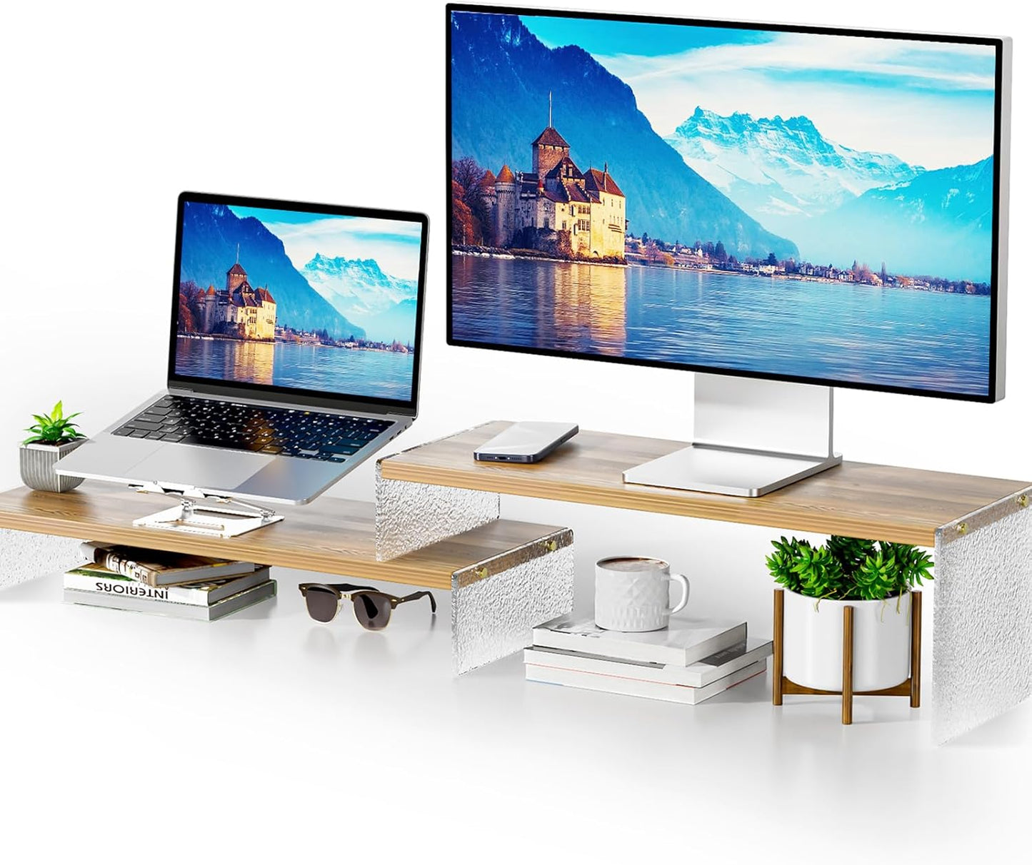YGYQZ Adjustable Monitor Stand Riser with Acrylic Legs丨7.67" Wide Dual Monitor Stand for Desk丨2-Tier Wood Desktop Organizer for Computer, Laptop, Printer & PC丨Modern Aesthetic Desk Shelf(wood-flat)