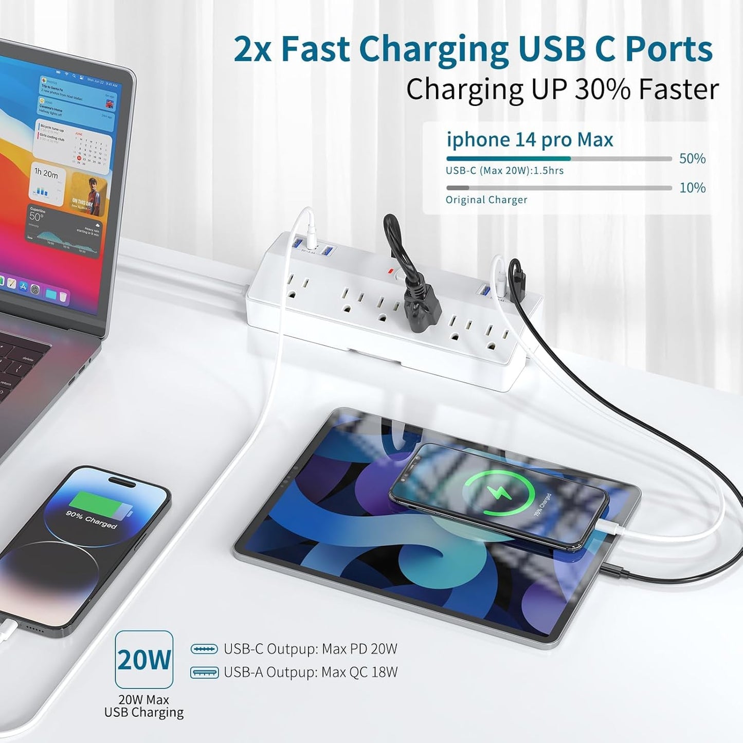 Desk Clamp Power Strip with 40W Fast Charging Station, JXGUCAT 10FT Flat Plug Desk Mount Power Strip Surge Protector, Removable Extension Cord with 2 USB-C Ports 6 Outlets, Fits 1.8" Tabletop Edge