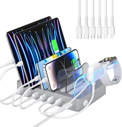 SooPii Premium 6-Port USB Charging Station Organizer for Multiple Devices, 6 Short Charging Cables and One Upgraded i-Watch Charger Holder Included, for Phones, Tablets, and Other Electronics, White