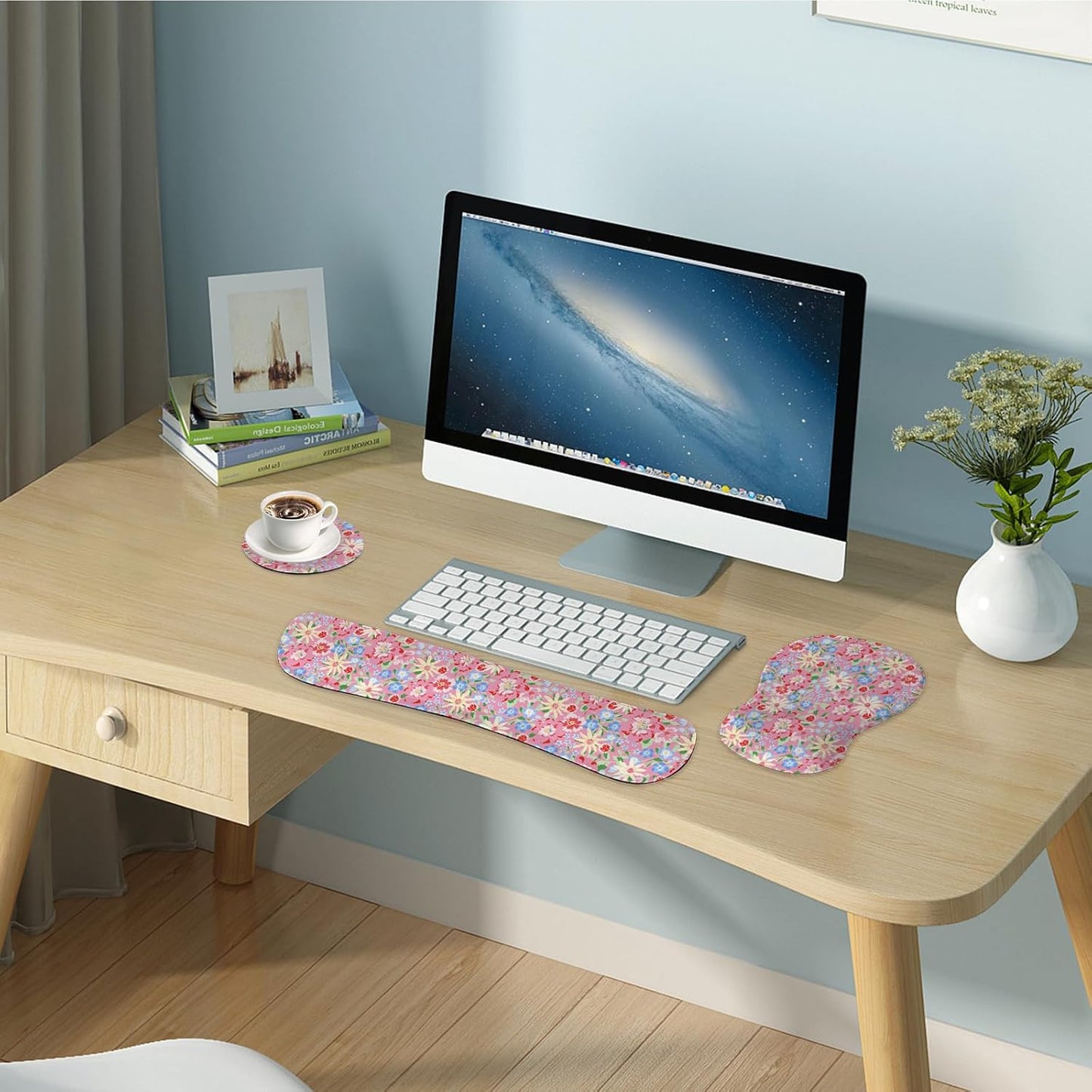 Wrist Rest Support for Mouse Pad Keyboard Set Circle Coaster Gaming Mouse Pad Ergonomic Gel Memory Foam Set for Computer, Laptop, Office, Pain Relief, Comfortably Typing Flowers KM-39