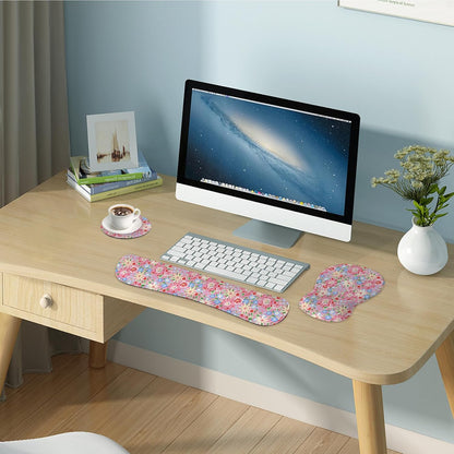 Wrist Rest Support for Mouse Pad Keyboard Set Circle Coaster Gaming Mouse Pad Ergonomic Gel Memory Foam Set for Computer, Laptop, Office, Pain Relief, Comfortably Typing Flowers KM-39