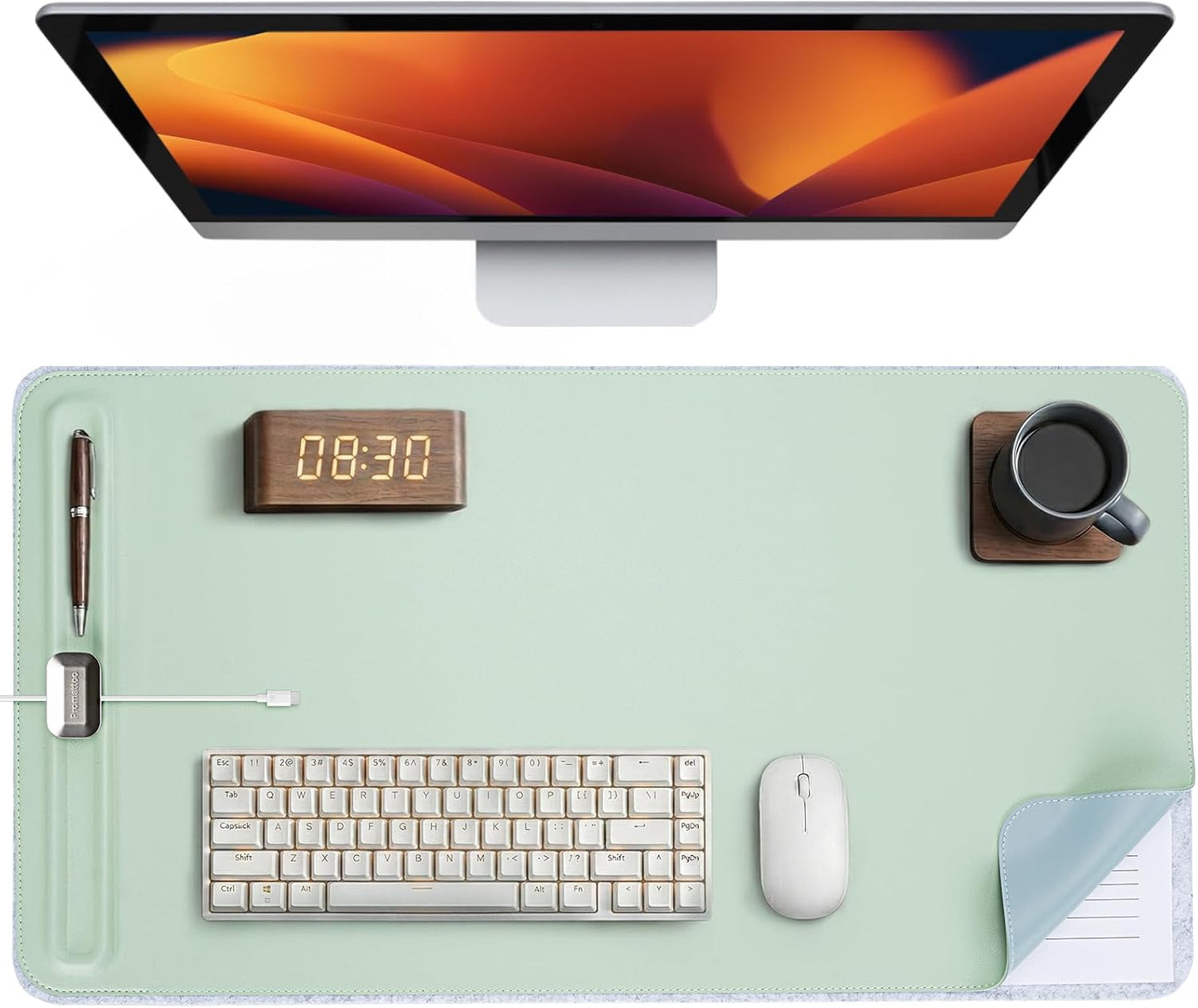 Desk Mat – Double-Sided Vegan Leather & Felt | Built-In Magnetic Cable Organizer & File Storage | Premium Workspace Pad for Office, Gaming & Creative Professionals-（Green）