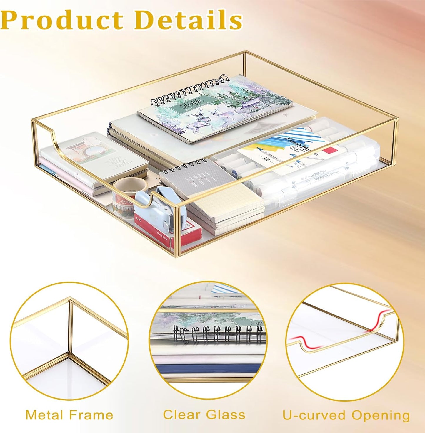BTSKY 1 Pack Golden Glass Desk Tray, Multi-Purpose Organizer for A4 Paper, Documents, Desk Supplies, Makeup, Clear File Tray with Metal Frame, Stackable Decorative Storage for Home Office Vanity