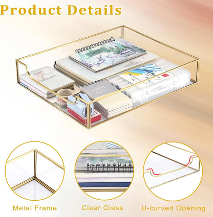 BTSKY 1 Pack Golden Glass Desk Tray, Multi-Purpose Organizer for A4 Paper, Documents, Desk Supplies, Makeup, Clear File Tray with Metal Frame, Stackable Decorative Storage for Home Office Vanity