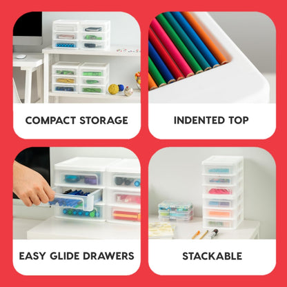 IRIS USA Plastic Stacking Desk Top 3-Drawer Storage Organizer, 2-Pack, for Makeup Vanity Nail Polish Bathroom Stationery Art Craft Supplies Kitchen Office Garage and Small Organization, Small, Black