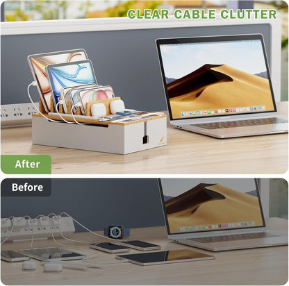 Pezin & Hulin Bamboo Charging Station for Multiple Devices, USB Charger Dock Organizer, with Power Supply (10 Ports HUB), 6 Cables, Cable Management Organizer for Cell Phones, Tablets -Natural+White