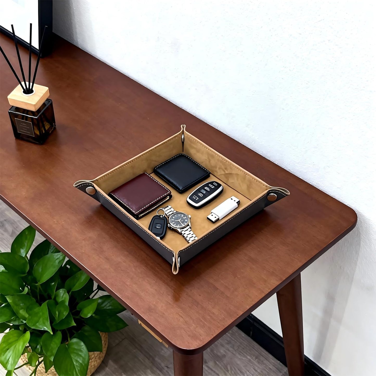 Valet Tray 5.5" Square Desktop Storage Organizer - Catch All Tray for Men & Women, Nightstand/Entryway/Desk/Dresser Top | Jewelry & EDC Holder for Watches, Keys, Wallet, Coins, Glasses