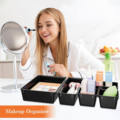 SpaceHacks 25 PCS Plastic Drawer Organizer Set, 4-Size Versatile Organizer Tool Trays & storage Bins for Makeup, Jewelry, and Gadgets in Bathroom, Bedroom and Office,Clear Black