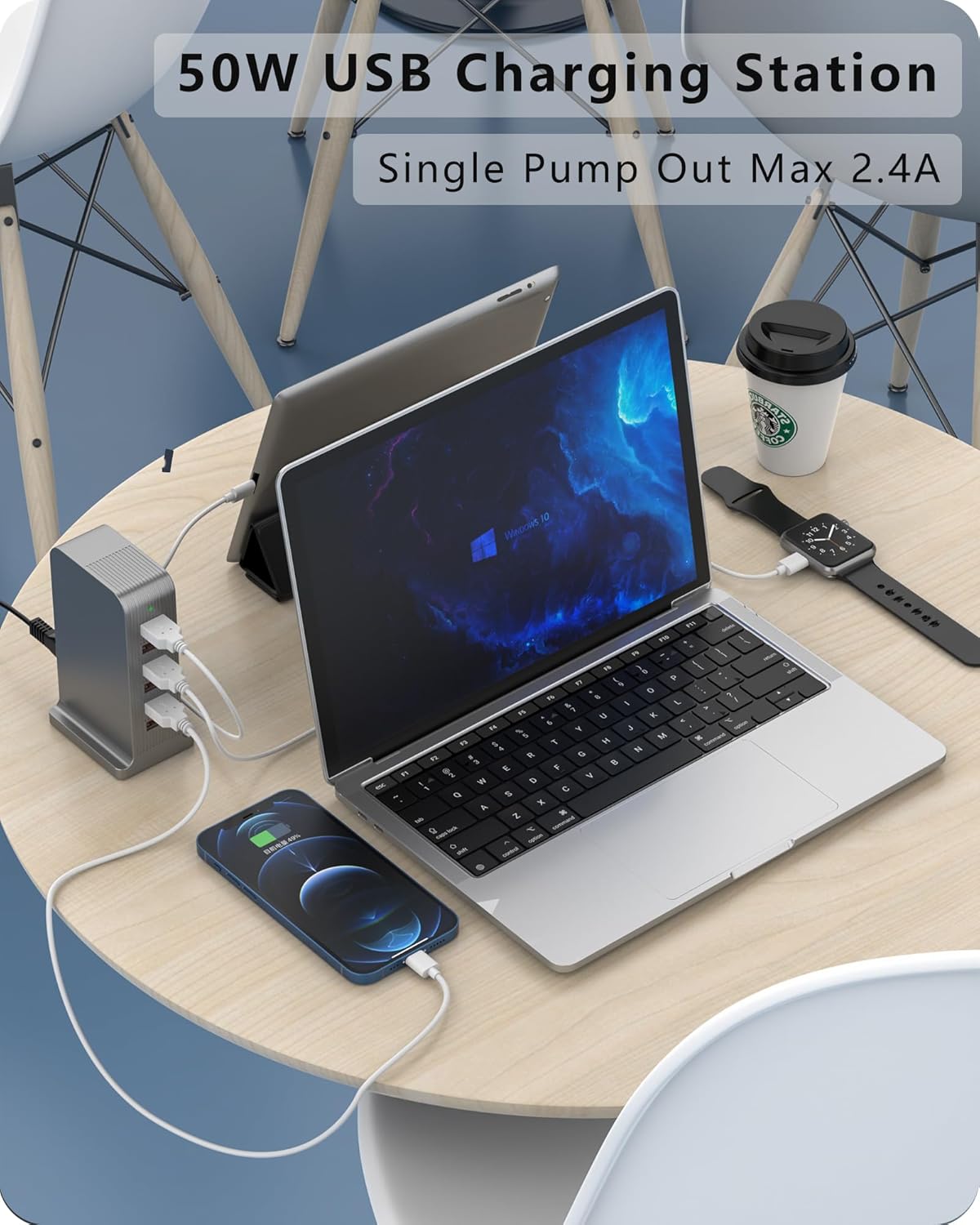 VPSUN USB Charger 6 Port 50W Multi USB Tower Charging Station for Multiple Devices iPhone 15/14/14 Pro/14 Pro Max/13 Pro/13 Pro Max/Android/Samsung/Tablet,etc (Black, 50W)
