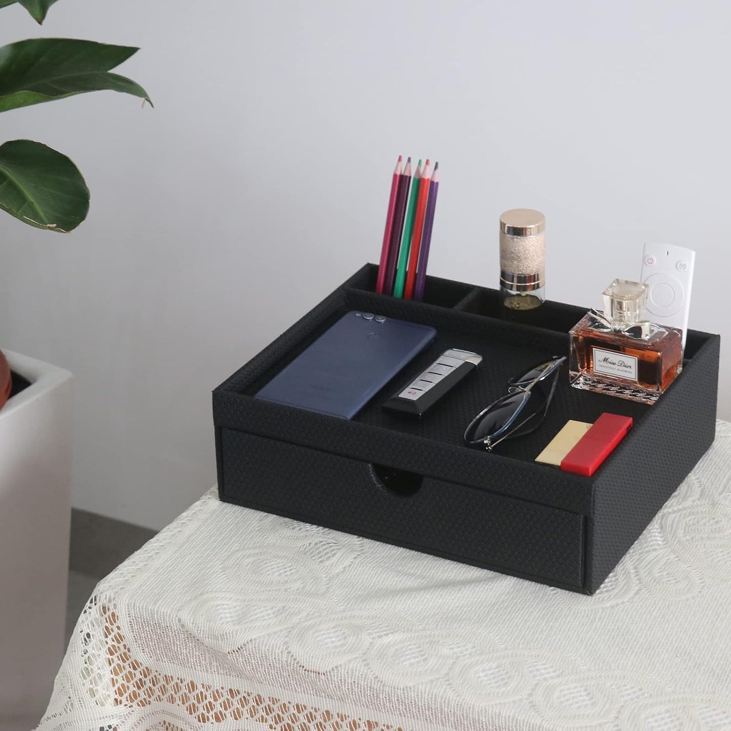 Leather Desk Organizer With Drawers, Home Cosmetics & Phone Remote Organizer, Drawer Plus Divider & Tray (white)